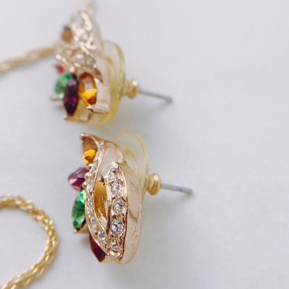 VTG Uranium Glass Signed RAMAN Necklace Earrings Set, Mid Century, Rhinestones - Picture 8 of 16